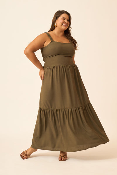 VESTIDO LONGO COM BABADO VERDE OLIVA