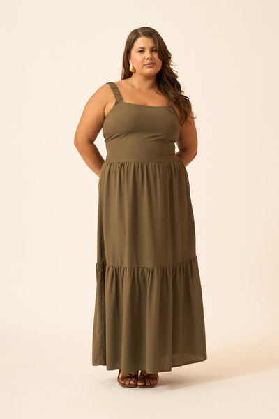 VESTIDO LONGO COM BABADO VERDE OLIVA