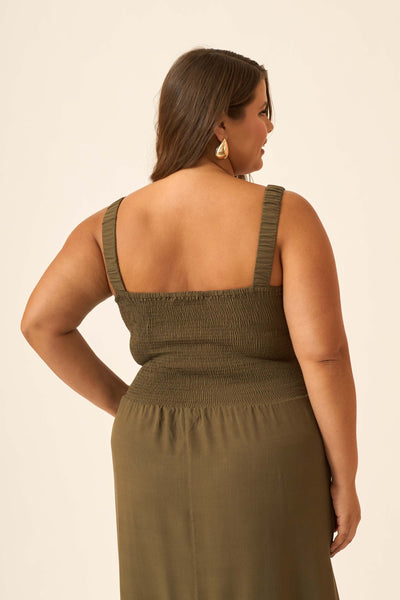 VESTIDO LONGO COM BABADO VERDE OLIVA