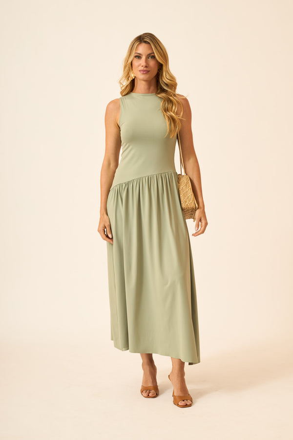 VESTIDO LONGO ASSIMÉTRICO POLIAMIDA VERDE BRISA