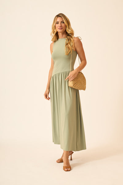 VESTIDO LONGO ASSIMÉTRICO POLIAMIDA VERDE BRISA