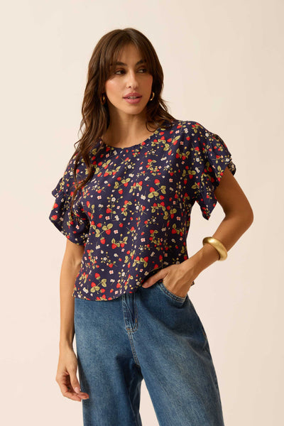 BLUSA COM BABADINHO NA MANGA MINI CAMPO DE MORANGOS MARINHO