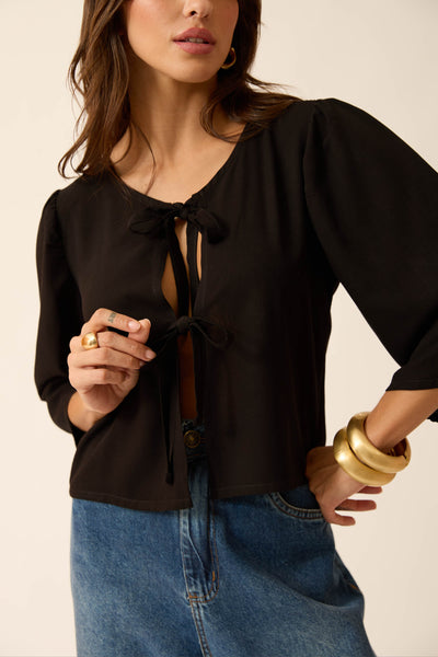 BLUSA COM AMARRAÇÃO FRONTAL RAYON SLUB PRETO