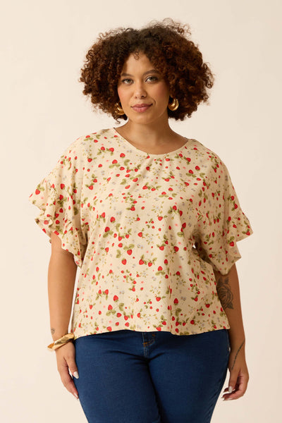 BLUSA COM BABADINHO NA MANGA MINI CAMPO DE MORANGOS ALGODÃO