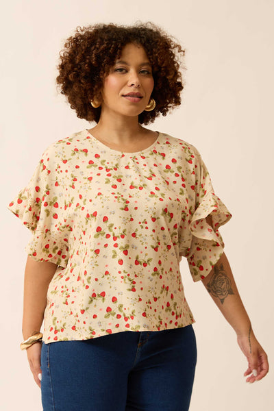 BLUSA COM BABADINHO NA MANGA MINI CAMPO DE MORANGOS ALGODÃO