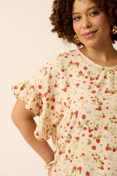BLUSA COM BABADINHO NA MANGA MINI CAMPO DE MORANGOS ALGODÃO
