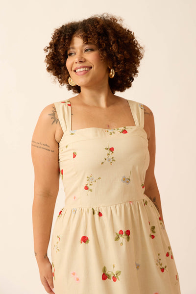 VESTIDO MIDI COM AMARRAÇÃO NAS COSTAS CAMPO DE MORANGOS ALGODÃO