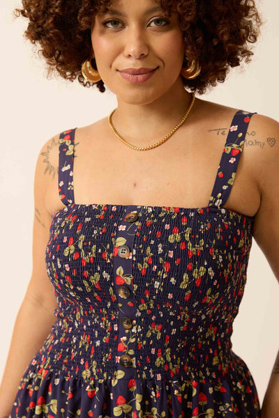 VESTIDO LONGO COM BOTÕES MINI CAMPO DE MORANGOS MARINHO
