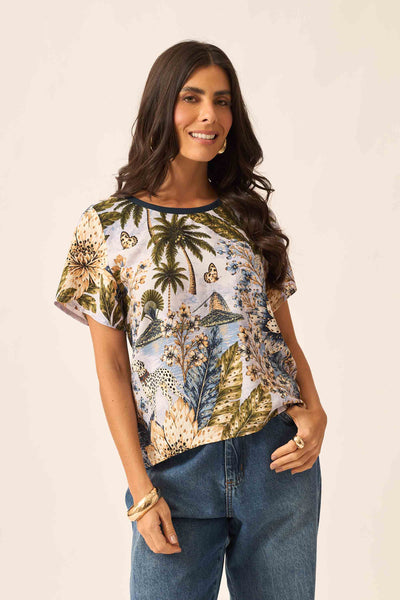 BLUSA COM MANGA CURTA E GOLA DE RIBANA JARDIM DE IPANEMA