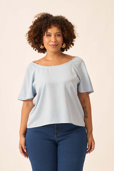 BLUSA COM DECOTE REDONDO RAYON SLUB AZUL CÉU