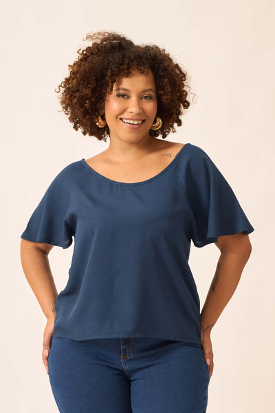 BLUSA COM DECOTE REDONDO RAYON SLUB MARINHO