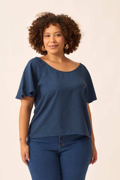 BLUSA COM DECOTE REDONDO RAYON SLUB MARINHO