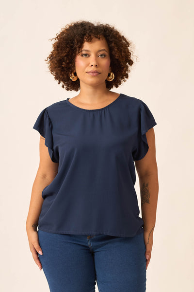 BLUSA COM BABADO NA MANGA RAYON SLUB MARINHO