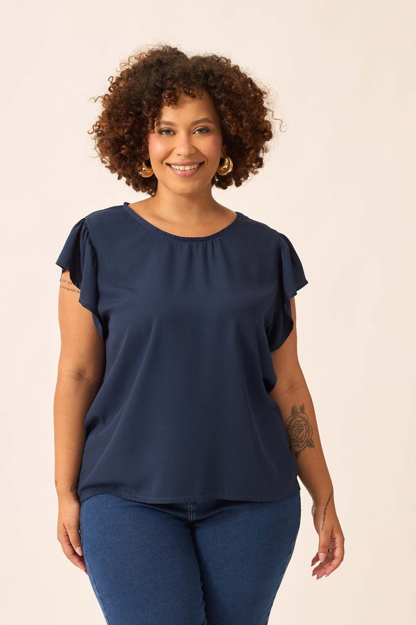 BLUSA COM BABADO NA MANGA RAYON SLUB MARINHO