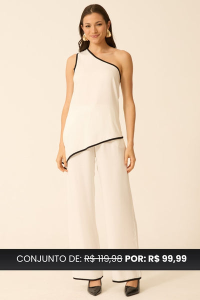 CONJUNTO CALÇA + BLUSA ASSIMÉTRICA BICOLOR TWILL OFF