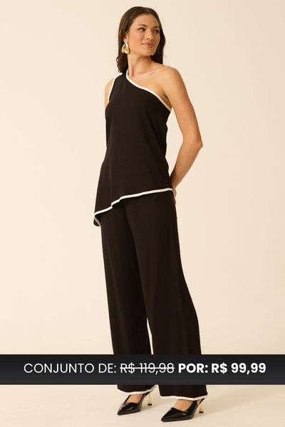 CONJUNTO CALÇA + BLUSA ASSIMÉTRICA BICOLOR TWILL PRETO