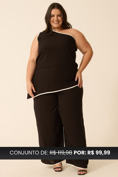 CONJUNTO CALÇA + BLUSA ASSIMÉTRICA BICOLOR TWILL PRETO