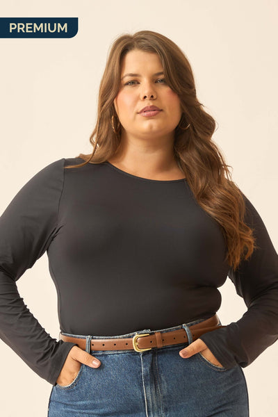 BLUSA COM MANGA LONGA E DECOTE REDONDO PRETO